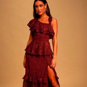 Lulus Enraptured By You Wine One-Shoulder Ruffled Tiered Maxi Dress! New! Small